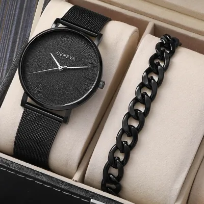 Men Fashion Simple Mesh Alloy Watch Bracelet Set with Stainless Steel Strap