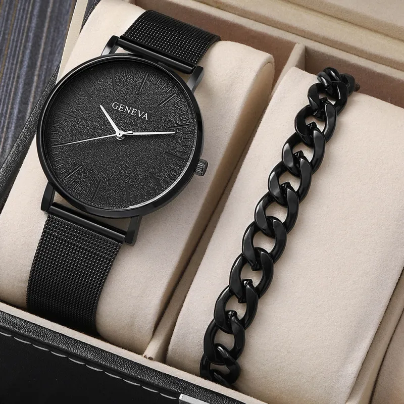 Men Fashion Simple Mesh Alloy Watch Bracelet Set with Stainless Steel Strap
