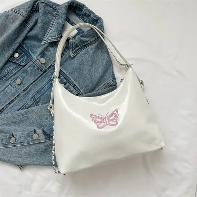 Women Fashion Large Capacity Butterfly Embroidered PU Shoulder Bag Street Trend
