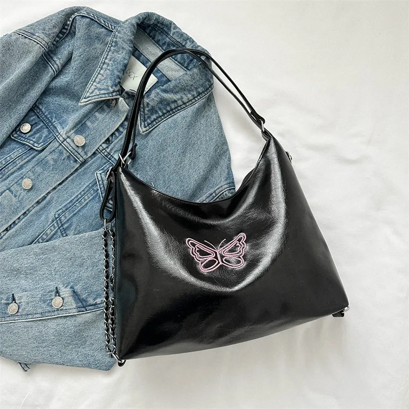 Women Fashion Large Capacity Butterfly Embroidered PU Shoulder Bag Street Trend