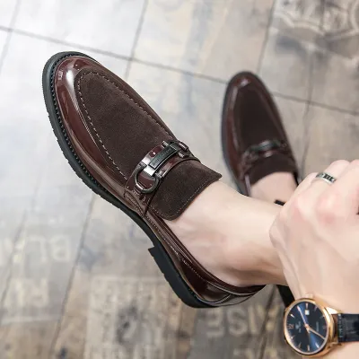 Men Fashion Casual British Style Plaid Metal Chain Decorative Slip-On Loafers