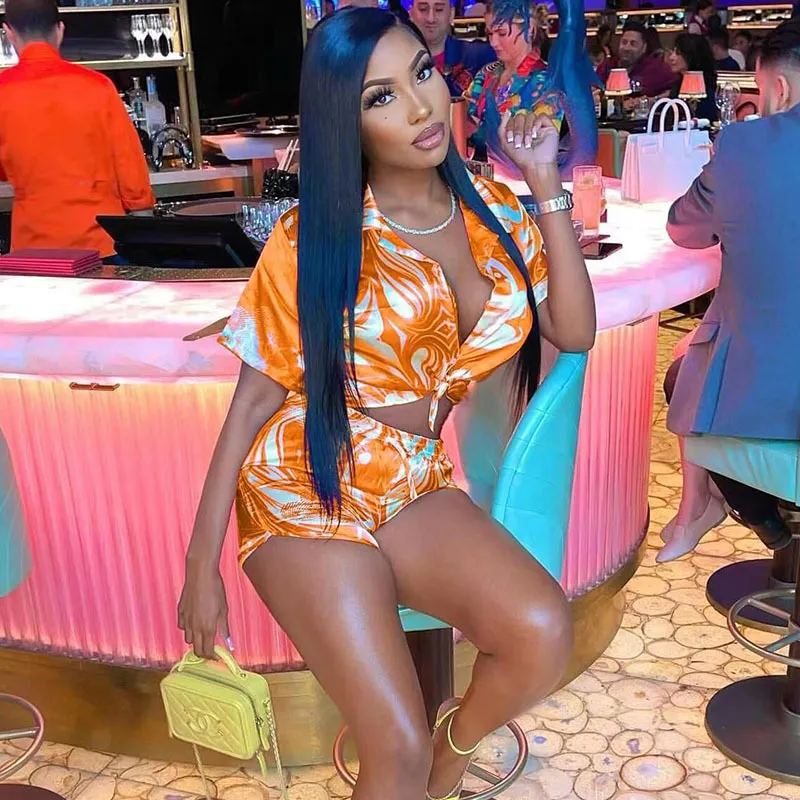 Summer Women Fashion Stretch Sade Print Shirt Top Shorts Two-Piece Set