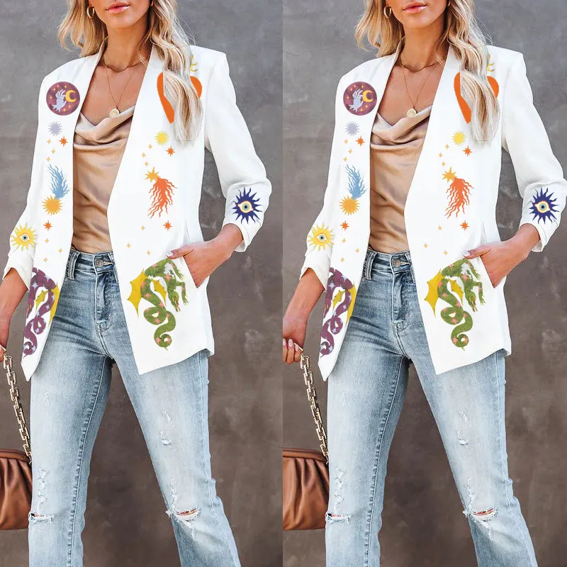 Women Slim Fit Long Sleeve Blazer Coat with Animal Print