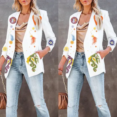 Women Slim Fit Long Sleeve Blazer Coat with Animal Print