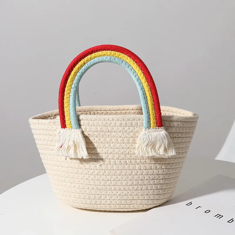 Cute Rainbow Cloud Woven Straw Handbag Urban Simplicity Horizontal Square