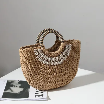 Vacation Beach Vintage Semi-Round Shell Woven Straw Handbag