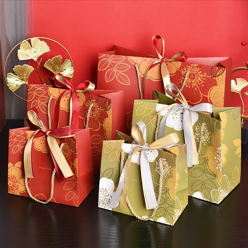 Simple Fashion Peony Printing Gift Candy Portable Shopping Paper Bag