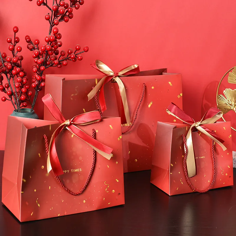 Red Festive Bow Ribbon Candy Gift Handle Paper Shopping Bags