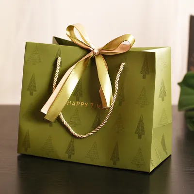Simple Lucky Tree Printing Bow Ribbon Gift Paper Shopping Bags Packaging