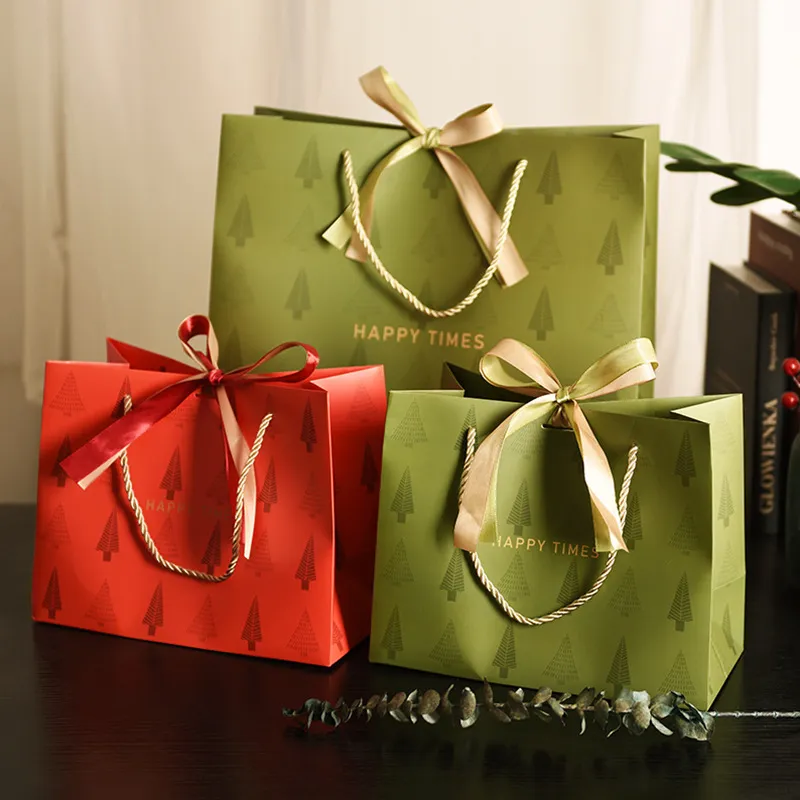 Simple Lucky Tree Printing Bow Ribbon Gift Paper Shopping Bags Packaging