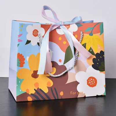 Fashion Simple Multicolor Floral Printing Bow Ribbon Gift Candy Paper Shopping Bags