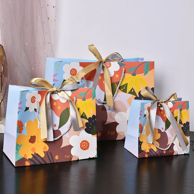 Fashion Simple Multicolor Floral Printing Bow Ribbon Gift Candy Paper Shopping Bags