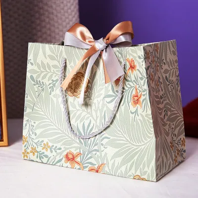 Simple Fashion Floral Printing Bow Ribbon Candy Gift Paper Bag Packaging Shopping Bags