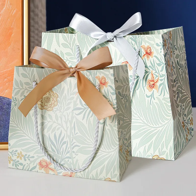 Simple Fashion Floral Printing Bow Ribbon Candy Gift Paper Bag Packaging Shopping Bags