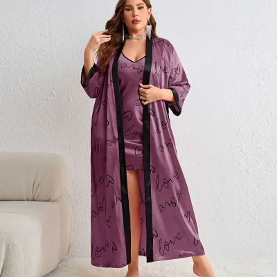 Women's Plus Size Heart Print Sling Nightgown and Jacket Pajama Set