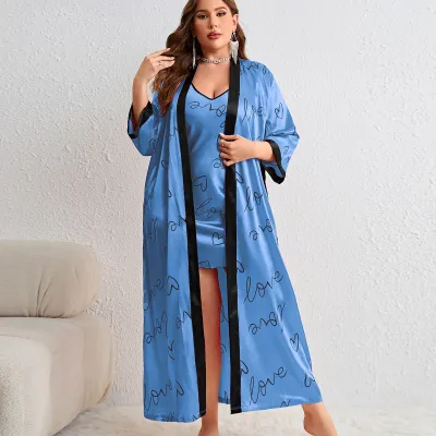 Women's Plus Size Heart Print Sling Nightgown and Jacket Pajama Set