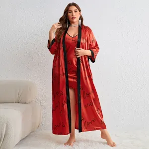 Women's Plus Size Heart Print Sling Nightgown and Jacket Pajama Set