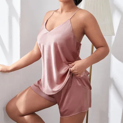 Women Plus Size Sexy Solid Color Backless Sling Pajamas Set