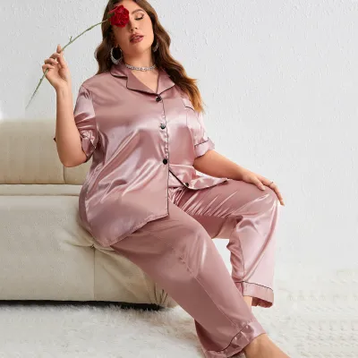 Women Plus Size Casual Pajamas Set with V-Neck and Half Sleeve