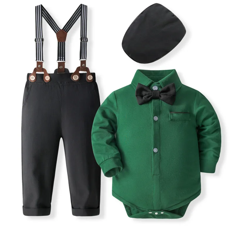 Kids Baby Boys Party British Style Solid Color Long Sleeve Lapel Romper Suspender Pants Set Cotton