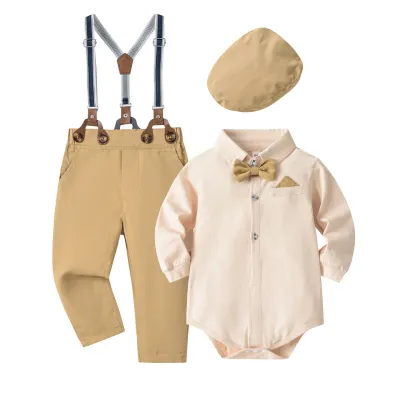 Kids Baby Boys Party British Style Solid Color Cotton Long Sleeve Lapel Romper Suspender Pants Set