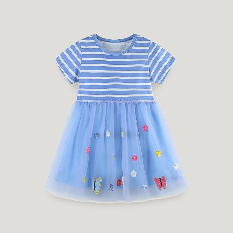 Kids Toddler Girls Cute Butterfly Stripe Print Short Sleeve Round Neck Mesh Princess Dress