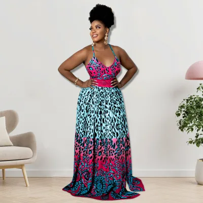 Plus Size Women Leopard Print Swing Maxi Dress Spaghetti Strap Side Slit Summer