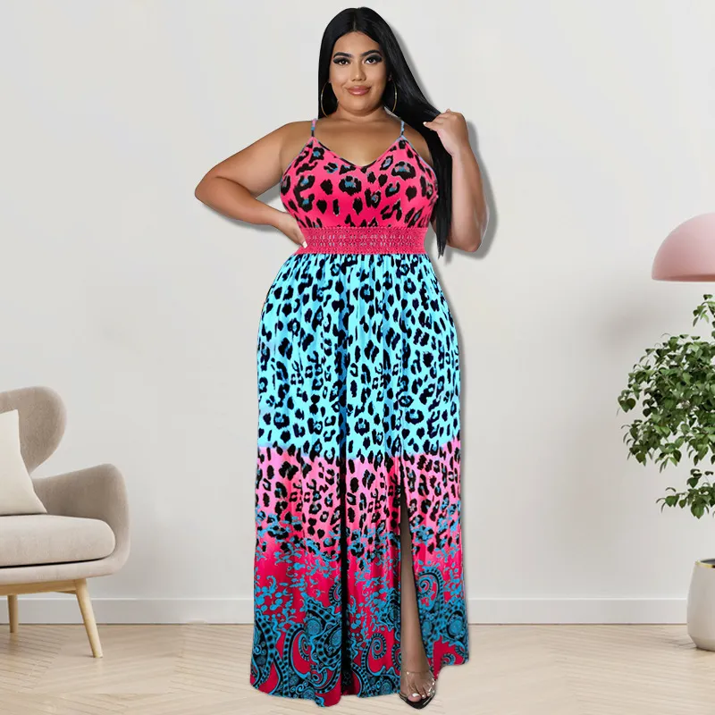Plus Size Women Leopard Print Swing Maxi Dress Spaghetti Strap Side Slit Summer