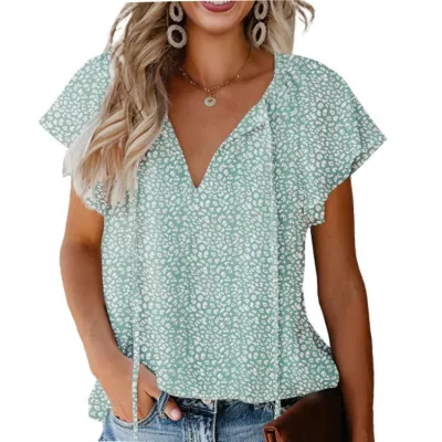 Women Fashion V-Neck Chiffon Short Sleeve Blouse