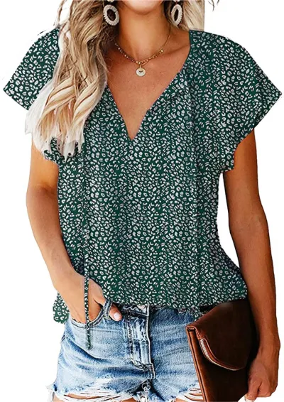 Women Fashion V-Neck Chiffon Short Sleeve Blouse