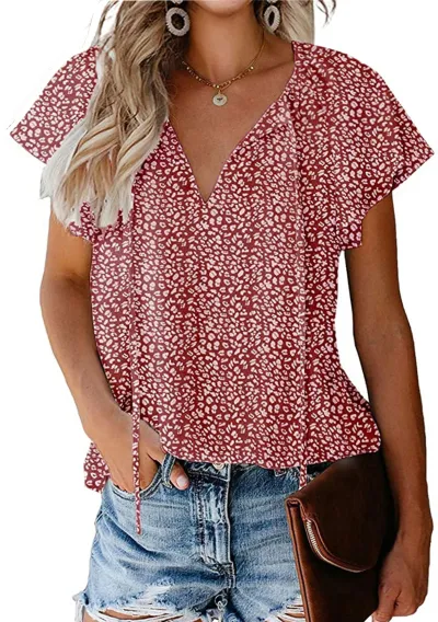 Women Fashion V-Neck Chiffon Short Sleeve Blouse