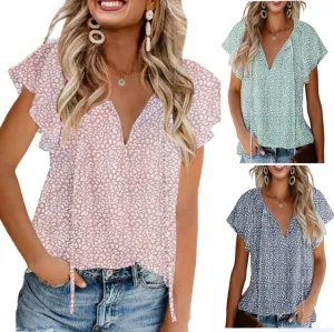 Women Fashion V-Neck Chiffon Short Sleeve Blouse
