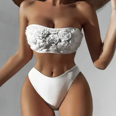 Women Fashion Sexy Solid Color Floral Tube Top Bikini Swimsuit Set