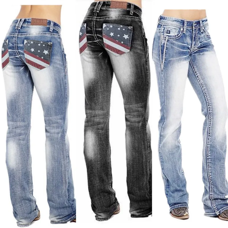 Women Casual Star Print Pocket Jeans