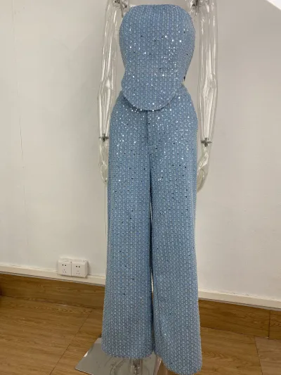 Women Sexy Denim Sequin Slim-Fit Tube Top Wide-Leg Pants Set
