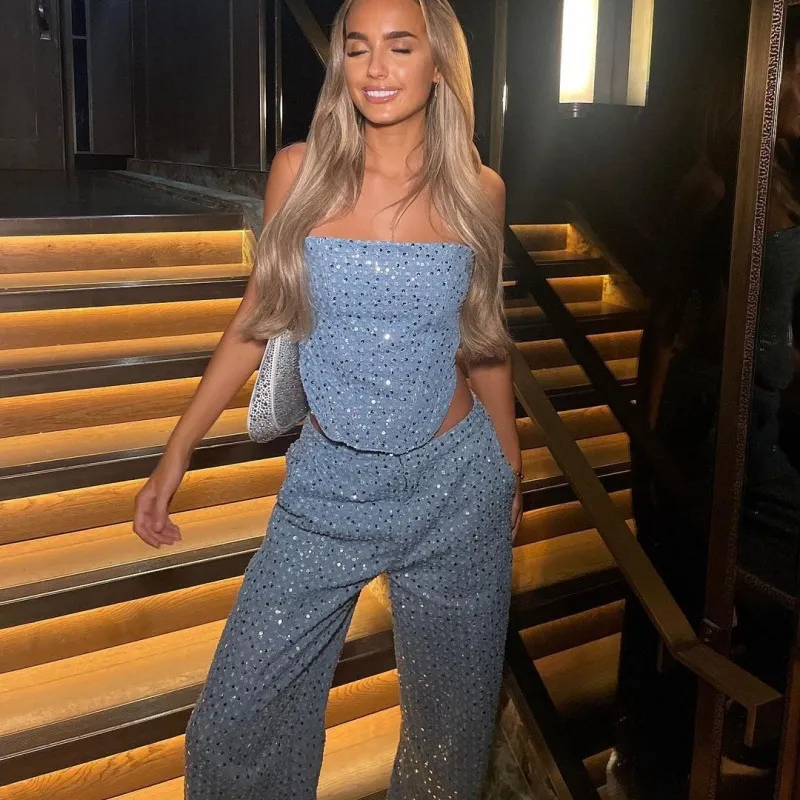 Women Sexy Denim Sequin Slim-Fit Tube Top Wide-Leg Pants Set