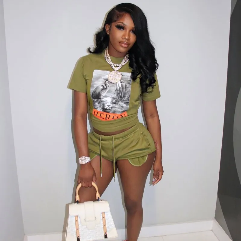 Summer Women Casual High Waist Animal Print Short-Sleeved T-Shirt Shorts Set