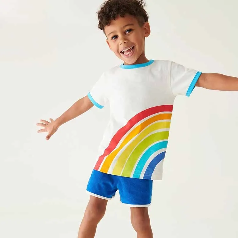 Kids Toddler Boys Girls Casual Cute Rainbow Stripe Short Sleeve Crewneck T-Shirt