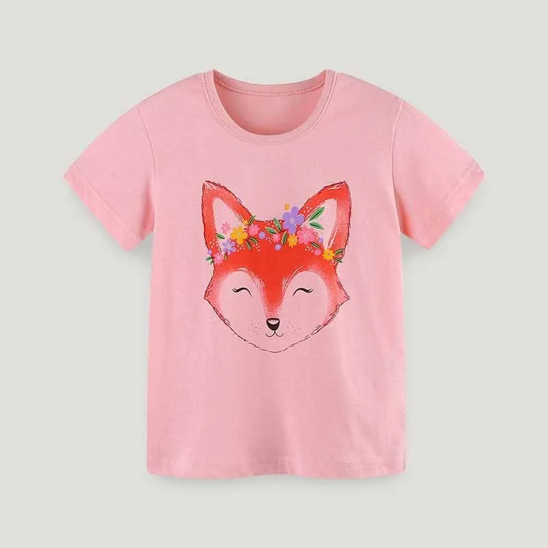 Kids Girls Cartoon Print Short Sleeve Round Neck Cotton T-Shirt