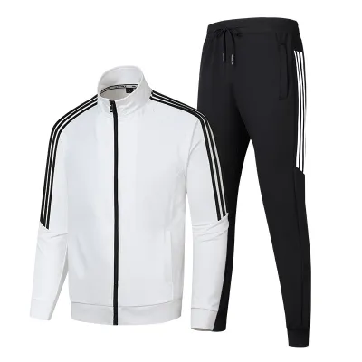 Men Casual Sport Stripe Plus Size Long Sleeve Stand Collar Zipper Sweatshirts Trousers Set