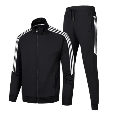 Men Casual Sport Stripe Plus Size Long Sleeve Stand Collar Zipper Sweatshirts Trousers Set
