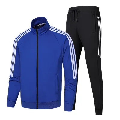 Men Casual Sport Stripe Plus Size Long Sleeve Stand Collar Zipper Sweatshirts Trousers Set