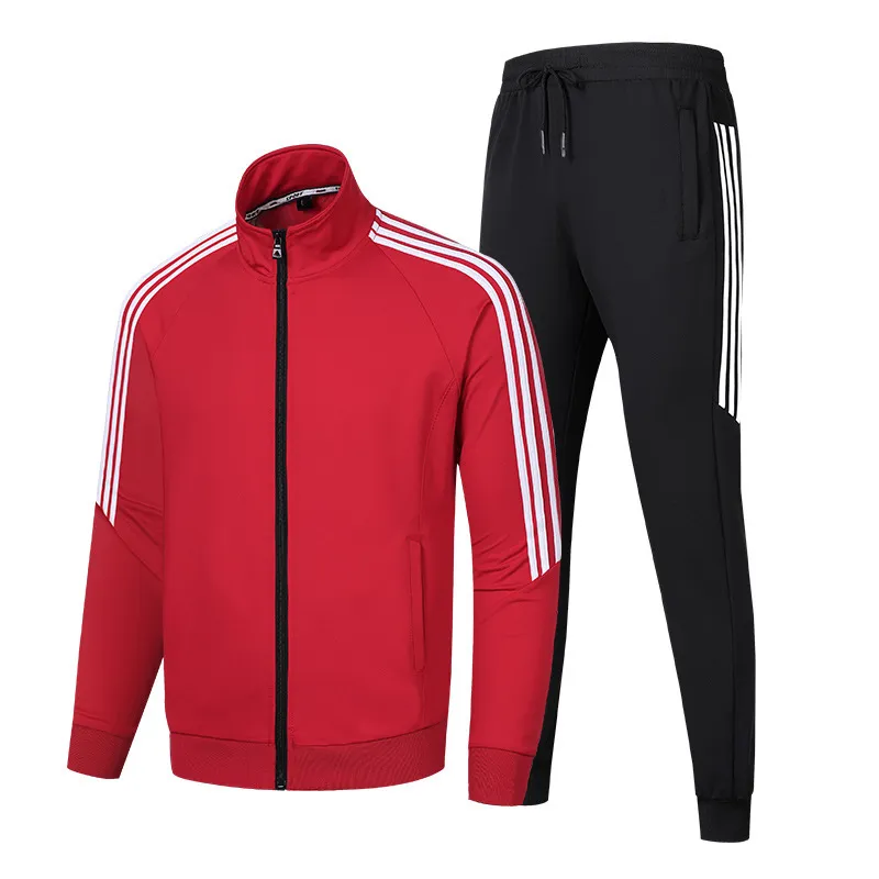 Men Casual Sport Stripe Plus Size Long Sleeve Stand Collar Zipper Sweatshirts Trousers Set