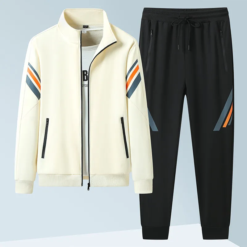 Men Plus Size Casual Sport Stripe Long Sleeve Stand Collar Zipper Coat Trousers Set