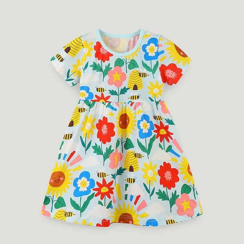 Kids Toddler Girls Cute Cartoon Print Short Sleeve Princess Round Neck Dress