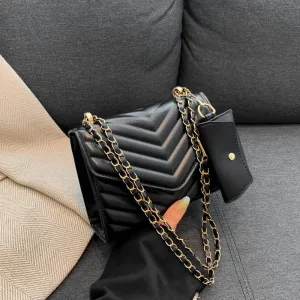 Fashion PU Solid Color Chain Square Shoulder Bag with Nylon Lining