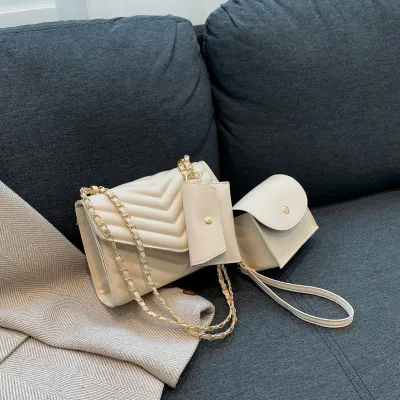 Fashion PU Solid Color Chain Square Shoulder Bag with Nylon Lining