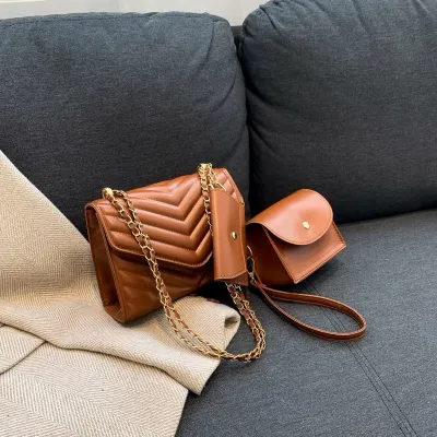 Fashion PU Solid Color Chain Square Shoulder Bag with Nylon Lining