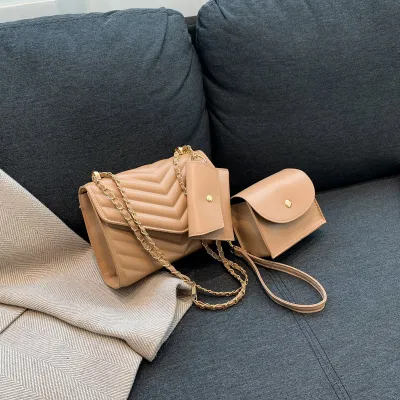 Fashion PU Solid Color Chain Square Shoulder Bag with Nylon Lining