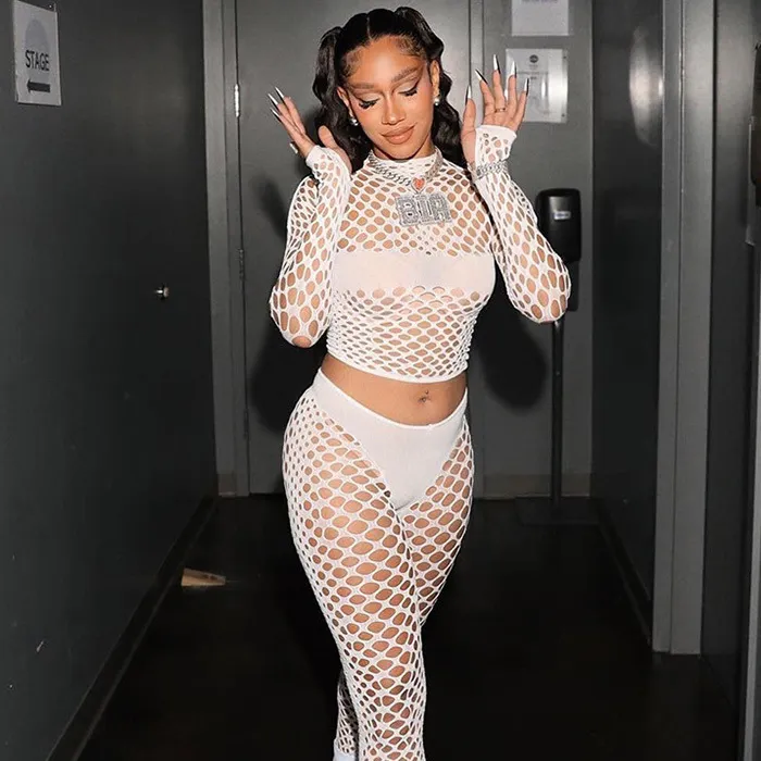 Women Sexy Tight Hollowed-Out See-Through Long Sleeve Crop Pants Set